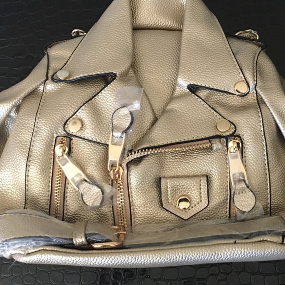 Vegan Gold Metallic Motorcycle Jacket Backpack - Picture 5 of 9